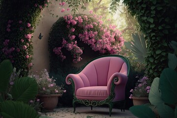 Canvas Print - a pink armchair surrounded by greenery in a serene garden setting, created with generative ai