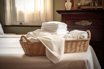 Canvas Print - basket of freshly laundered linens, ready for guests in hotel or bed & breakfast, created with generative ai