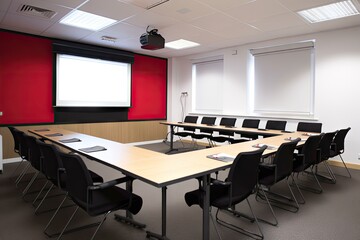 Poster - a meeting room, with a projector and screen at the ready, for presenting an important presentation, created with generative ai