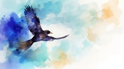 Poster - A free bird flying in the blue sky watercolor Generative AI 