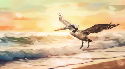 Wall Mural - A pelican landing on a beach with the soft light Generative AI 