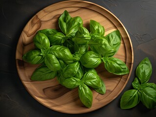 a wooden plate topped with green basil leaves