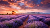 Fototapeta Kwiaty - a field of lavender flowers with the sun setting in the background