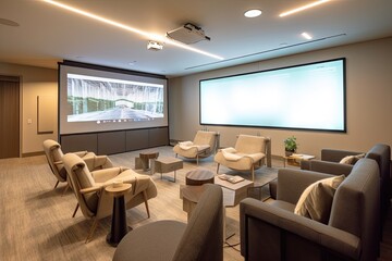 Poster - modern living room with video conference system, large screen monitor and comfortable seating for participants, created with generative ai