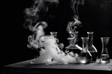 Sticker - classic science experiment, with smoke and bubbling liquid, in black and white, created with generative ai