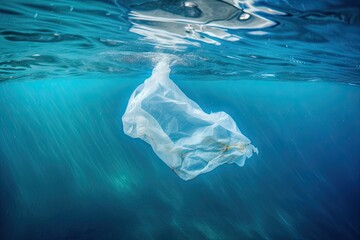 Canvas Print - plastic bag floating on the surface of the ocean, created with generative ai