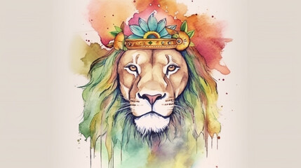 Sticker - Lion dressed as hippie watercolor Generative AI 