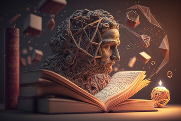 World Knowledge Day concept with scientist's head over open book. Generative AI