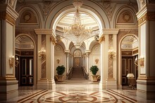 The Grand Entrance To A Lavish Hotel, With Crystal Chandeliers And Marble Floors, Created With Generative Ai