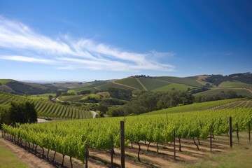 Sticker - vineyard with rolling hills and clear blue skies, created with generative ai