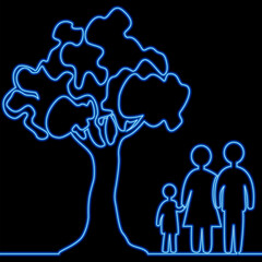Wall Mural - Continuous line drawing Silhouette Family standing together under tree icon neon glow vector illustration concept