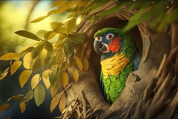 Poster - parrot with its head buried in crook of tree branch, hiding from the sun, created with generative ai