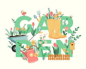 Wall Mural - Gardening typography vector illustration. Garden title with plants, flowers, birds and garden tools seasonal flat style poster template. Outdoor hobby t-shirt print Isolated