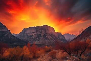 Wall Mural - majestic mountains and fiery orange sunset against the backdrop of a canyon, created with generative ai