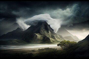 Canvas Print - tropical cyclone passing over majestic mountain range, with clouds and mist, created with generative ai