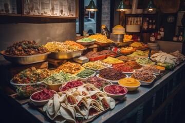 taco shop with variety of exotic tacos, burritos and nachos on display, created with generative ai