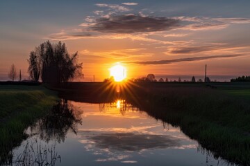 Canvas Print - sunrise, with the sun rising over a serene landscape, illuminating the sky, created with generative ai