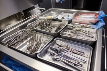 Wall Mural - a tray of surgical instruments being sterilized in a medical laboratory, created with generative ai