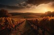vineyard at sunset, with the sun casting a warm glow on the landscape, created with generative ai