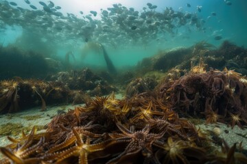 Wall Mural - kelp forest teeming with life, including starfish and crabs, created with generative ai