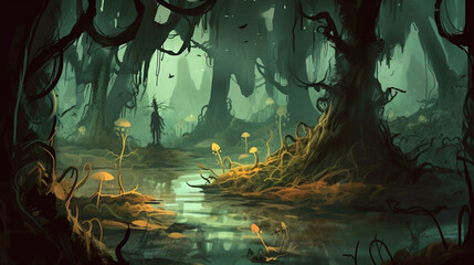 Wall Mural - A dark and twisted swamp with strange glowing fungi Generative AI 