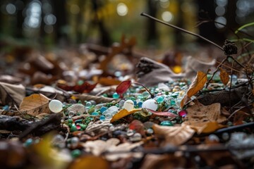 Sticker - microplastics and their impacts in the natural environment, visible among the leaves and branches, created with generative ai