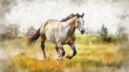 Wall Mural - A horse running free in an open field watercolor Generative AI 