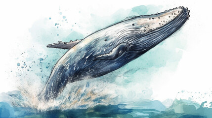 Sticker - A humpback whale jumping out of the water watercolor Generative AI 