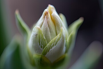 Poster - close-up of delicate flower bud, with hints of color visible, created with generative ai