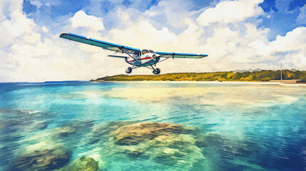 Wall Mural - A plane flying over a paradisiacal beach Generative AI 