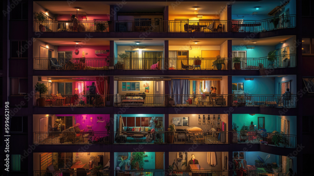 Bright colorful windows pattern at night. Front view facade of ...