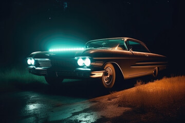 Wall Mural - classic retro car at night with glowing headlamps. american vintage vehicle with colorful illuminati