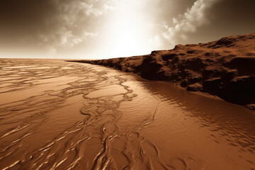 Wall Mural - space expedition for colonization mars. water in soil of mars. martian landscape. the surface of red