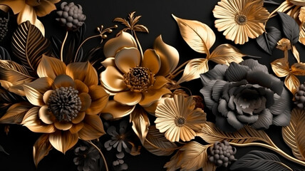 golden and black flowers and leaves 3d. Generative AI