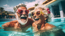 Happy Mature Couple Has Fun In The Pool And Enjoys The Summer. Smiling And Laughin At Sunshine. Generative Ai	