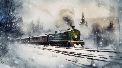 Wall Mural -  A winter scene with snow falling on a moving train Generative AI 