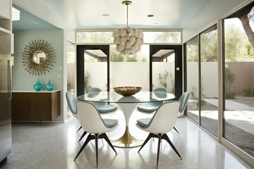 Wall Mural - mid-century modern dining room, with glass tables and sleek chairs, created with generative ai