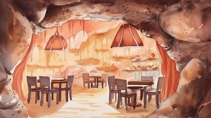 Wall Mural - Burger restaurant with cave decor watercolor Generative AI 