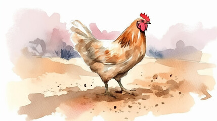 Poster - Chicken in a sandy desert watercolor Generative AI 