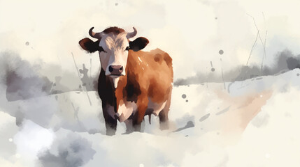 Wall Mural - Cow in the snow watercolor Generative AI 