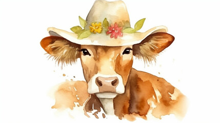 Wall Mural - Cow on a farm wearing a straw hat watercolor Generative AI 