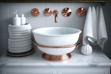 Canvas Print - round white wash basin with copper faucet and towel rack, created with generative ai