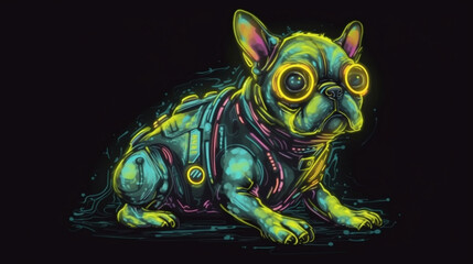 Wall Mural - Retro neon cyborg dog watercolor Generative AI 