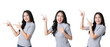Young Asian woman pointing fingers to empty space Isolate die cut on transparent background