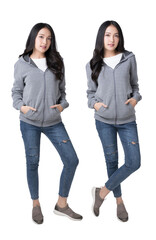 Wall Mural - Full length portrait of young beautiful Asian woman in hoodie sweatshirt and blue jeans Isolate die cut on transparent background