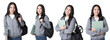 Young Asian girl college student with tablet and backpack Isolate die cut on transparent background