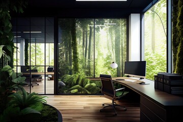 Wall Mural - office with view of lush forest, with plants as the star attraction, created with generative ai