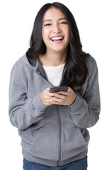 Wall Mural - Asian woman Holding the phone smiling happily while looking at the camer Isolate die cut on transparent background