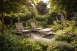 a serene garden setting with comfortable lounge chairs and a bench, created with generative ai