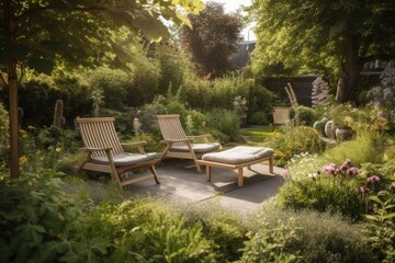 Sticker - a serene garden setting with comfortable lounge chairs and a bench, created with generative ai